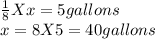 \frac{1}{8}Xx=5 gallons\\ x=8X5=40 gallons