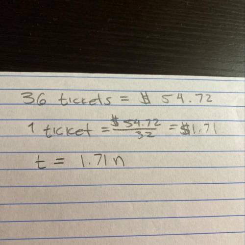 8) At a carnival it costs $54.72 for 36 tickets. Write an equation that can be used to express the r
