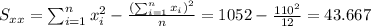 S_{xx}=\sum_{i=1}^n x^2_i -\frac{(\sum_{i=1}^n x_i)^2}{n}=1052-\frac{110^2}{12}=43.667