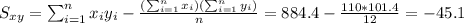 S_{xy}=\sum_{i=1}^n x_i y_i -\frac{(\sum_{i=1}^n x_i)(\sum_{i=1}^n y_i)}{n}=884.4-\frac{110*101.4}{12}=-45.1