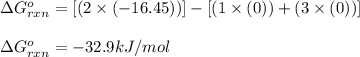 \Delta G^o_{rxn}=[(2\times (-16.45))]-[(1\times (0))+(3\times (0))]\\\\\Delta G^o_{rxn}=-32.9kJ/mol