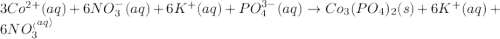 3Co^{2+}(aq)+6NO_3^-(aq)+6K^+(aq)+PO_4^{3-}(aq)\rightarrow Co_3(PO_4)_2(s)+6K^+(aq)+6NO_3^_(aq)