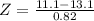 Z = \frac{11.1 - 13.1}{0.82}