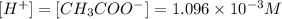 [H^+]=[CH_3COO^-]=1.096\times 10^{-3}M