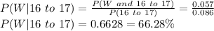 P(W|16\ to\ 17)=\frac{P(W\ and\ 16\ to\ 17)}{P(16\ to\ 17)} =\frac{0.057}{0.086}\\P(W|16\ to\ 17)=0.6628=66.28\%