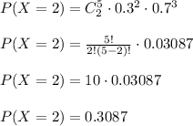 P(X=2)=C_2^5\cdot 0.3^2\cdot 0.7^3\\\\P(X=2)=\frac{5!}{2!(5-2)!}\cdot 0.03087\\\\P(X=2)=10\cdot 0.03087\\\\P(X=2)=0.3087\\