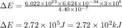 \Delta E=\frac{6.022\times 10^{23}\times 6.624\times 10^{-34}\times 3\times 10^8}{4.40\times 10^{-7}}\\\\\Delta E=2.72\times 10^{5}J=2.72\times 10^2kJ