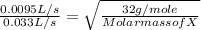 \frac{0.0095 L/s}{0.033 L/s}  =\sqrt{\frac{32 g/mole}{Molar mass of X} }
