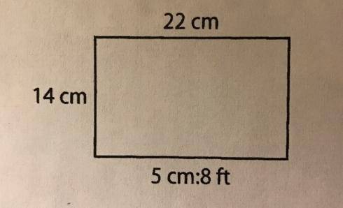 A scale drawing of a dance floor is has a length of 22 inch, a height of 14 cm, and has a scale of 5
