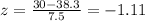 z=\frac{30-38.3}{7.5}=-1.11
