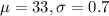 \mu = 33, \sigma = 0.7