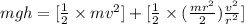 mgh = [\frac{1}{2} \times mv^{2}] + [\frac{1}{2} \times (\frac{mr^{2}}{2}) \frac{v^{2}}{r^{2}}]