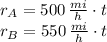 r_{A} = 500\,\frac{mi}{h}\cdot t\\r_{B} = 550\,\frac{mi}{h}\cdot t