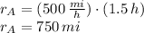 r_{A}= (500\,\frac{mi}{h})\cdot (1.5\,h)\\r_{A} = 750\,mi