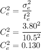 C_e^2=\dfrac{\sigma_e^2}{t_e^2}\\C_e^2=\dfrac{3.80^2}{10.5^2}\\C_e^2=0.130