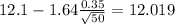 12.1-1.64\frac{0.35}{\sqrt{50}}=12.019