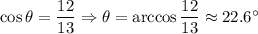 \cos \theta =\dfrac{12}{13}\Rightarrow \theta =\arccos \dfrac{12}{13}\approx 22.6^{\circ}