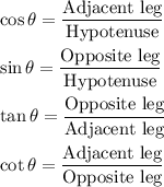 \cos \theta=\dfrac{\text{Adjacent leg}}{\text{Hypotenuse}}\\ \\\sin \theta=\dfrac{\text{Opposite leg}}{\text{Hypotenuse}}\\ \\\tan \theta=\dfrac{\text{Opposite leg}}{\text{Adjacent leg}}\\ \\\cot \theta=\dfrac{\text{Adjacent leg}}{\text{Opposite leg}}
