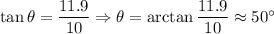 \tan \theta =\dfrac{11.9}{10}\Rightarrow \theta =\arctan \dfrac{11.9}{10}\approx 50^{\circ}