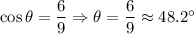 \cos \theta =\dfrac{6}{9}\Rightarrow \theta =\arccosn \dfrac{6}{9}\approx 48.2^{\circ}