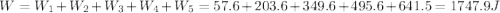 W=W_1+W_2+W_3+W_4+W_5=57.6+203.6+349.6+495.6+641.5=1747.9 J