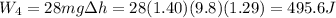 W_4=28 mg\Delta h=28(1.40)(9.8)(1.29)=495.6 J