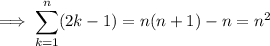 \implies\displaystyle\sum_{k=1}^n(2k-1)=n(n+1)-n=n^2