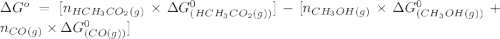 \Delta G^o=[n_{HCH_3CO_2(g)}\times \Delta G^0_{(HCH_3CO_2(g))}]-[n_{CH_3OH(g)}\times \Delta G^0_{(CH_3OH(g))}+n_{CO(g)}\times \Delta G^0_{(CO(g))}]
