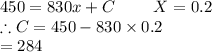 450=830x+C\ \ \ \ \ \ \ X=0.2\\\therefore C=450-830\times0.2\\=284