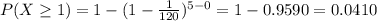 P(X\geq 1)=1-(1-\frac{1}{120})^{5-0}=1-0.9590=0.0410
