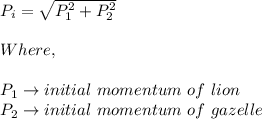 P_i=\sqrt{P_1^2+P_2^2}\\\\Where,\\\\P_1\to initial\ momentum\ of\ lion\\P_2\to initial\ momentum\ of\ gazelle