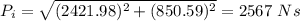 P_i=\sqrt{(2421.98)^2+(850.59)^2}=2567\ Ns