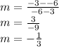 m=\frac{-3--6}{-6-3}\\ m=\frac{3}{-9}\\m=-\frac{1}{3}