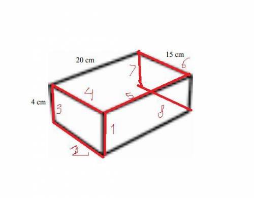 The top of the rectangular box is 15 cm by 20 cm and its hight is 4 cm. And ant begins at one corner