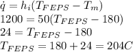 \dot{q}=h_i(T_{FEPS}-T_m)\\1200=50(T_{FEPS}-180)\\24=T_{FEPS}-180\\T_{FEPS}=180+24 =204 C