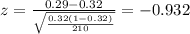 z=\frac{0.29 -0.32}{\sqrt{\frac{0.32(1-0.32)}{210}}}=-0.932