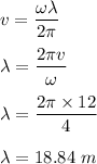 v=\dfrac{\omega\lambda}{2\pi}\\\\\lambda=\dfrac{2\pi v}{\omega}\\\\\lambda=\dfrac{2\pi \times 12}{4}\\\\\lambda=18.84\ m