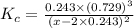 K_c=\frac{0.243\times (0.729)^3}{(x-2\times 0.243)^2}
