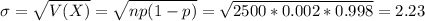 \sigma = \sqrt{V(X)} = \sqrt{np(1-p)} = \sqrt{2500*0.002*0.998} = 2.23