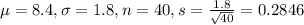 \mu = 8.4, \sigma = 1.8, n = 40, s = \frac{1.8}{\sqrt{40}} = 0.2846