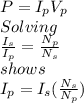 P=I_{p}V_{p}\\Solving \\\frac{I_{s}}{I_{p}}=\frac{N_{p}}{N_{s}}\\  shows\\I_{p}=I_{s}(\frac{N_{s}}{N_{p}})