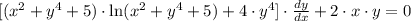 [(x^{2}+y^{4}+5)\cdot \ln(x^{2}+y^{4}+5)+4\cdot y^{4}]\cdot \frac{dy}{dx} + 2\cdot x \cdot y = 0