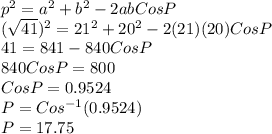 p^2=a^2+b^2-2abCosP\\(\sqrt{41})^2=21^2+20^2-2(21)(20)CosP\\41=841-840CosP\\840CosP=800\\CosP=0.9524\\P=Cos^{-1}(0.9524)\\P=17.75