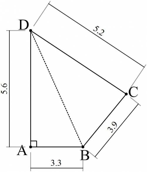 A quadrilateral ABCD in which angle DAB is a right angle. AB is 3.3cm, BC is 3.9cm, CD is 5.2cm and