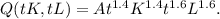 Q(tK,tL)=At^{1.4}K^{1.4} t^ {1.6 }L^ {1.6 } .