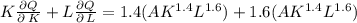 K\frac{\partial Q}{\partial \: K}+L\frac{\partial Q}{\partial \: L} =1.4(AK^{1.4} L^{1.6}) + 1.6(AK^{1.4} L^{1.6})