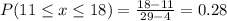 P(11 \leq x \leq 18) = \frac{18 - 11}{29 - 4} = 0.28