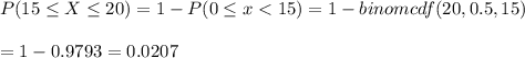 P(15\leq X\leq 20)=1-P(0\leq x