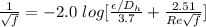 \frac{1}{\sqrt{f} } =-2.0\ log [\frac{\epsilon/D_h}{3.7} +\frac{2.51}{Re\sqrt{f} }  ]