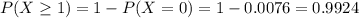 P(X \geq 1) = 1 - P(X = 0) = 1 - 0.0076 = 0.9924